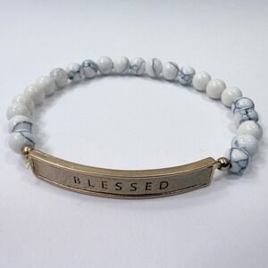 Stretch Beaded Bracelet Blessed Gold Bar White Marbled Stone